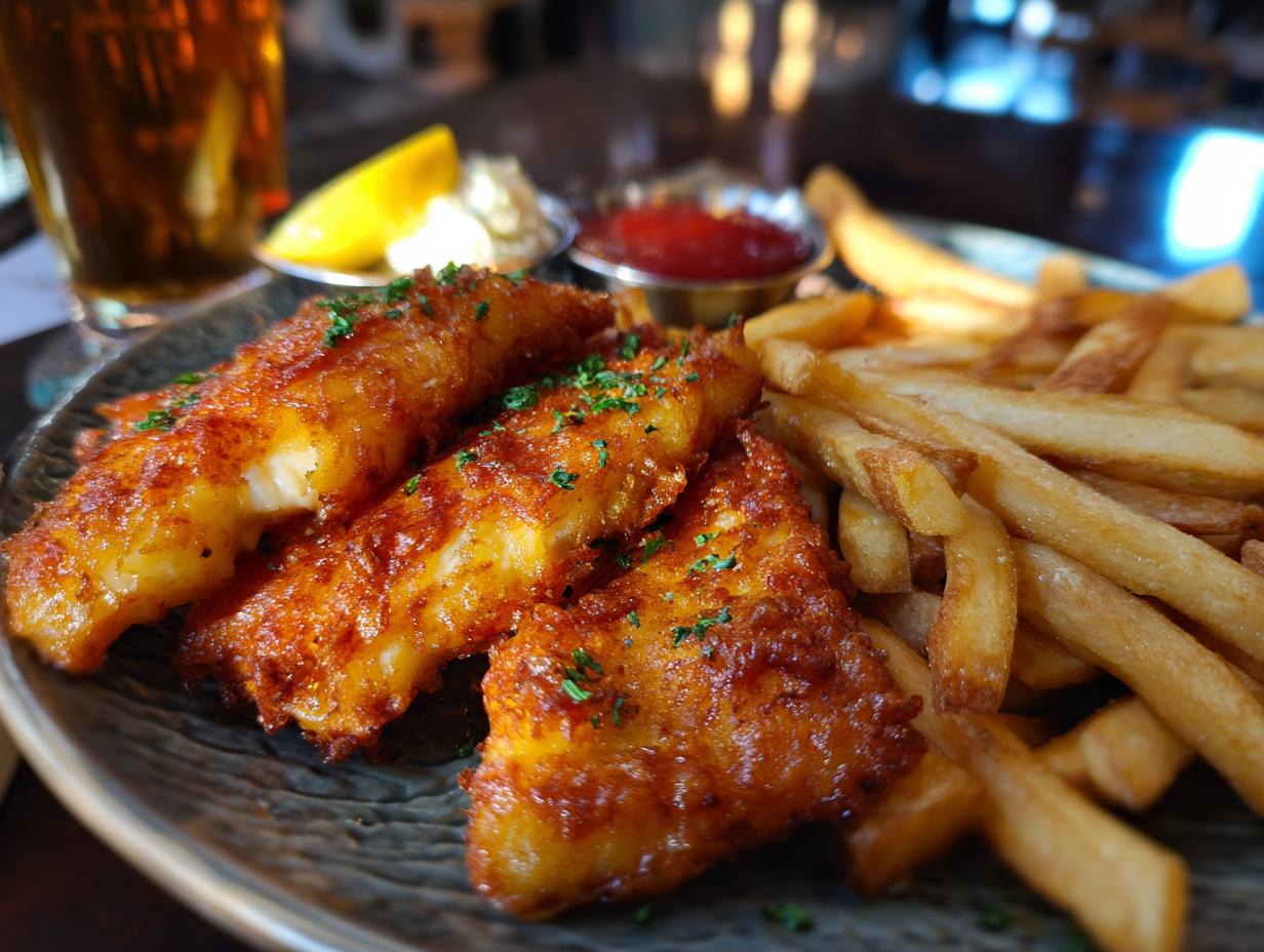 Close-up of crispy Beer-Battered Fish and Chips served with lemon, ketchup, and tartar sauce.