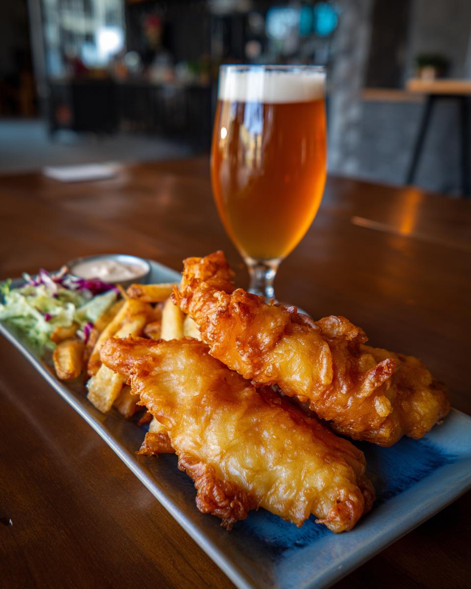 Plate of crispy Beer-Battered Fish and Chips with a glass of beer, a classic pub meal.