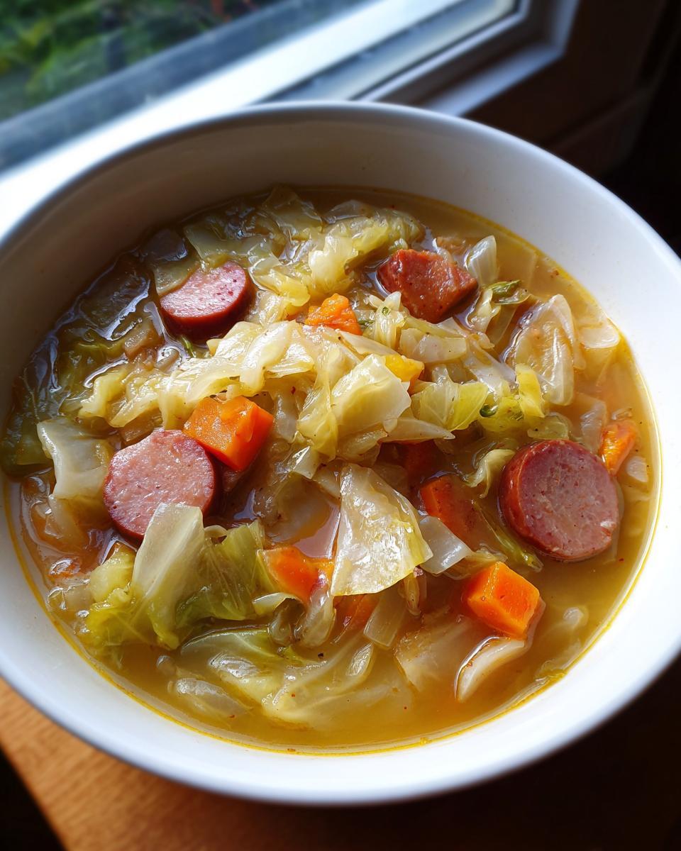 Close-up of a bowl filled with Cabbage and Kielbasa Soup, with sausage and vegetables.