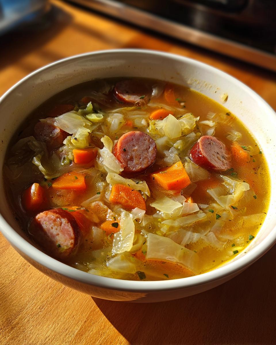 Close-up of a bowl filled with Cabbage and Kielbasa Soup, showing sausage, cabbage, and carrots.