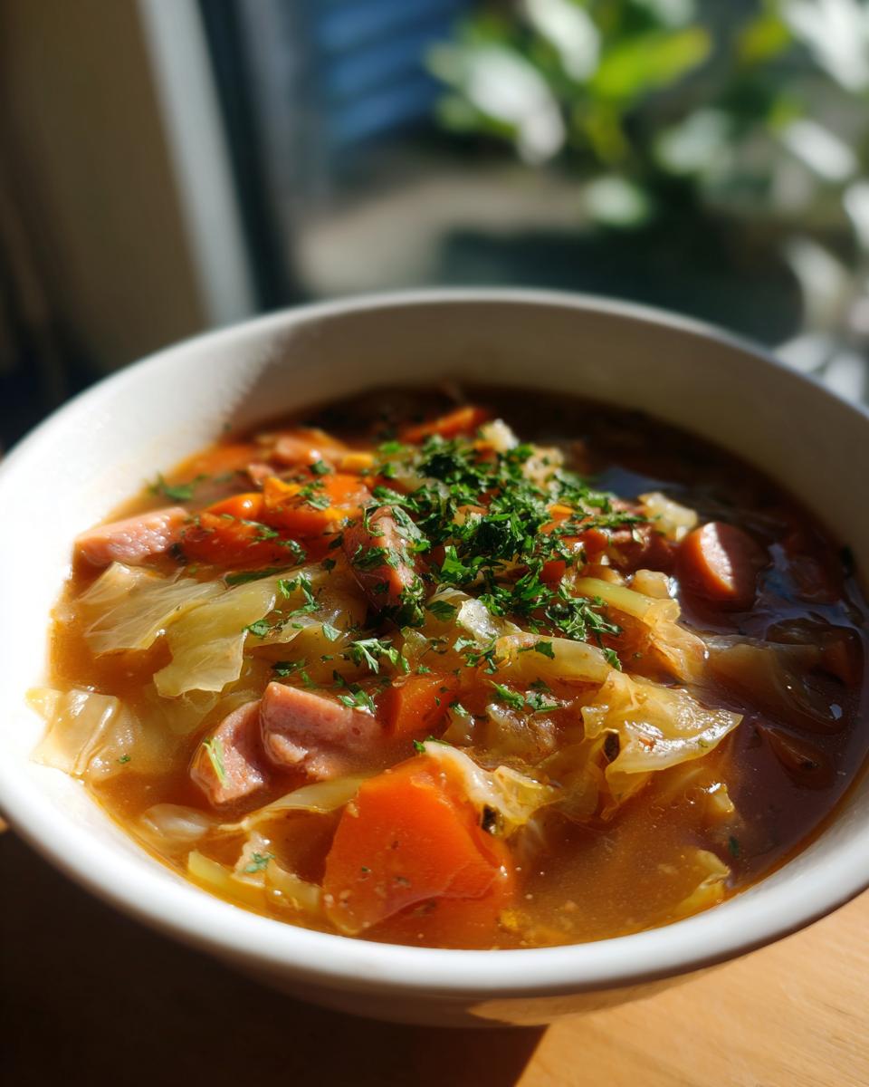 Close-up of a bowl of Cabbage and Kielbasa Soup, with kielbasa, cabbage, carrots, and herbs.