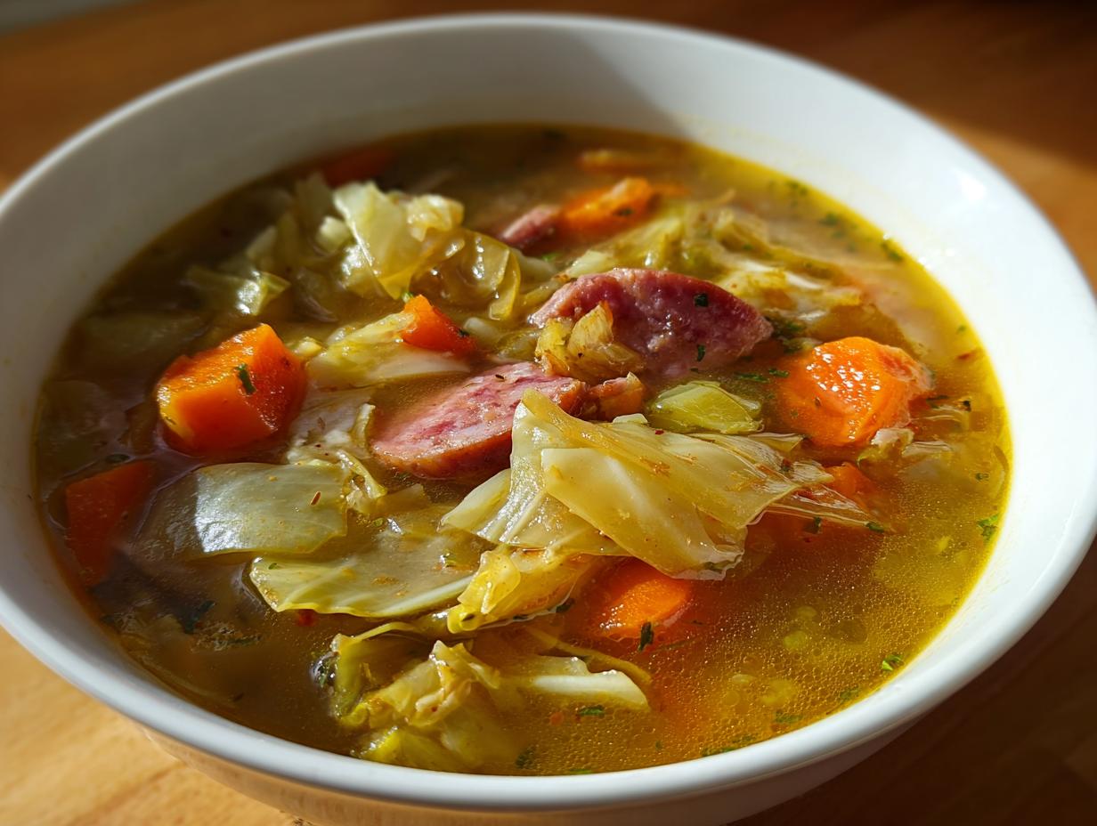 Close-up of a bowl of Cabbage and Kielbasa Soup, with visible cabbage, carrots, and sausage.