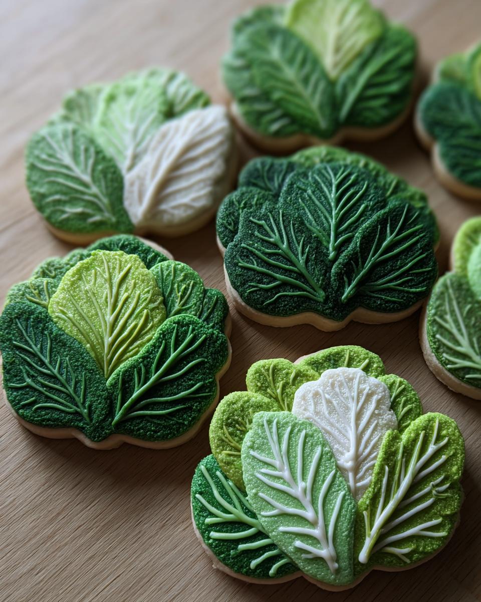 Make 10 Perfect Cabbage-Shaped Sugar Cut-Outs! 3 Close-up of several Cabbage-Shaped Sugar Cut-Outs with detailed leaf designs and varying shades of green.