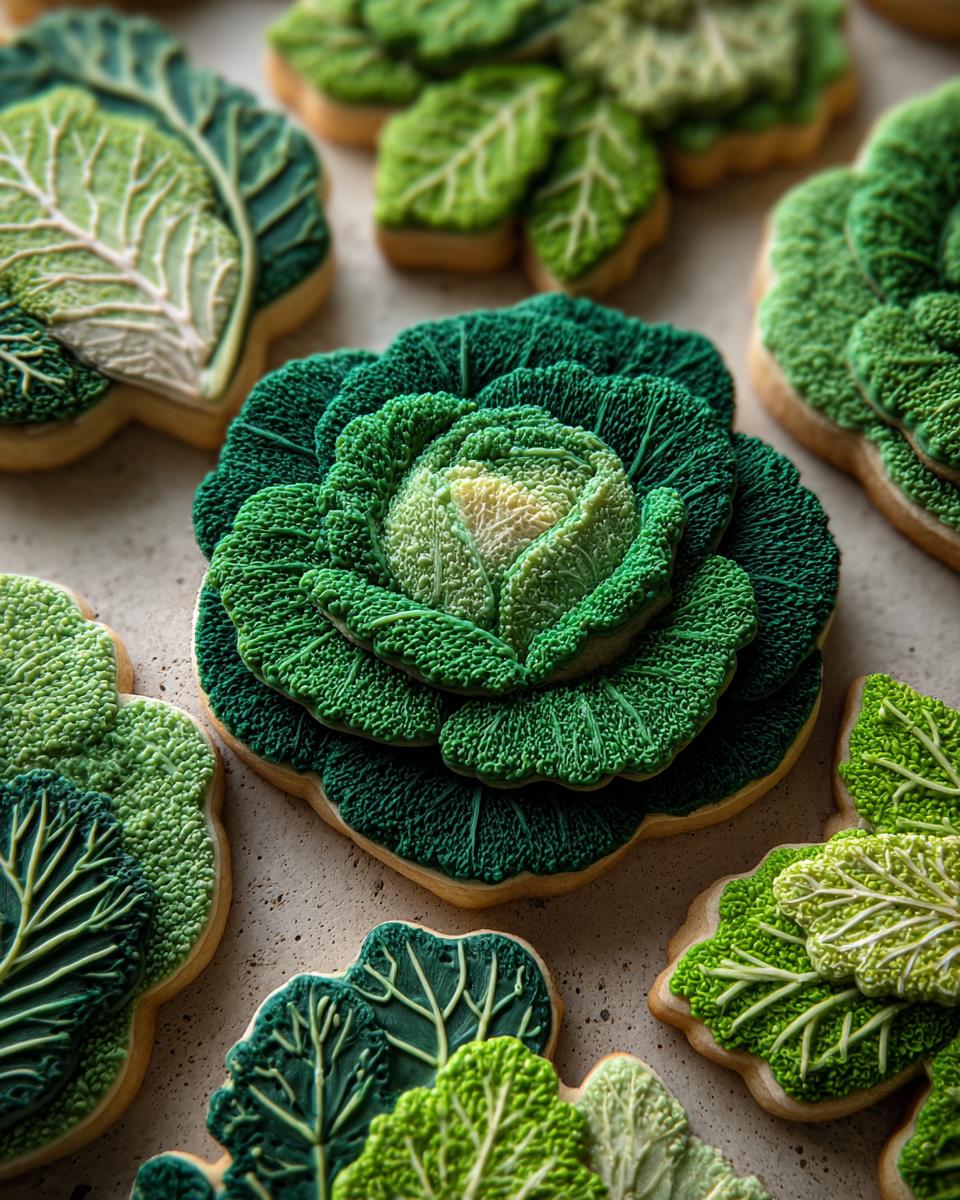 Make 10 Perfect Cabbage-Shaped Sugar Cut-Outs! 4 Close-up of several Cabbage-Shaped Sugar Cut-Outs, decorated with green icing.