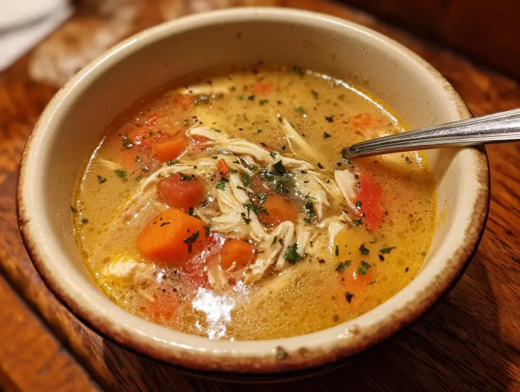 Close-up of a bowl of Carrabba's Copycat Chicken Soup with chicken, carrots, and tomatoes.