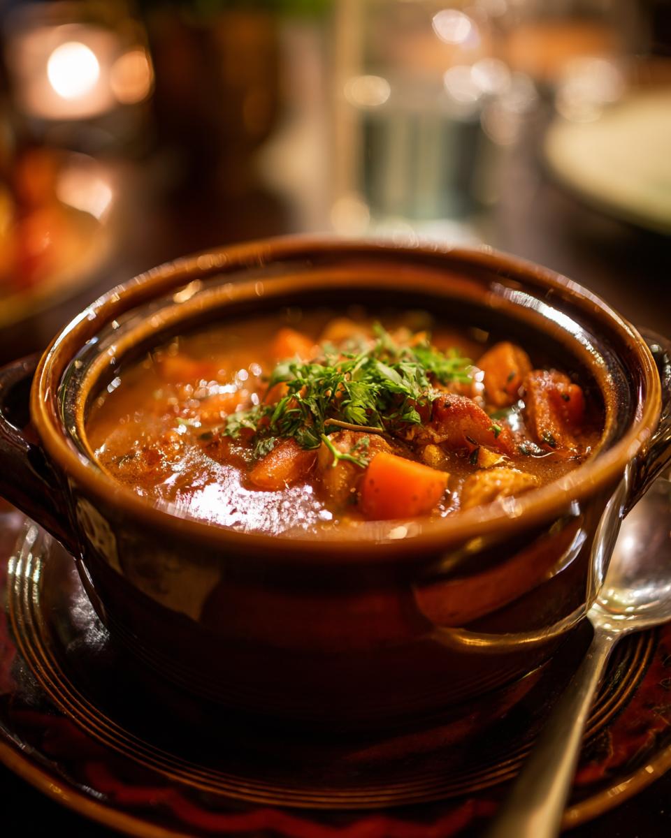 Close-up of a bowl of Carrabba's Copycat Chicken Soup, garnished with fresh herbs.