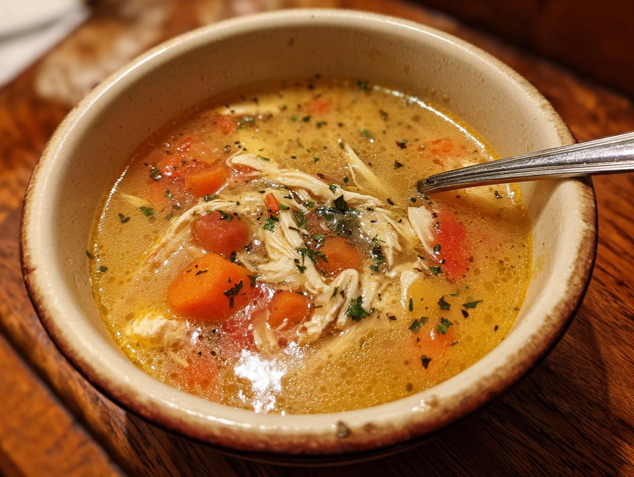 Close-up of a bowl of Carrabba's Copycat Chicken Soup with chicken, carrots, and tomatoes.