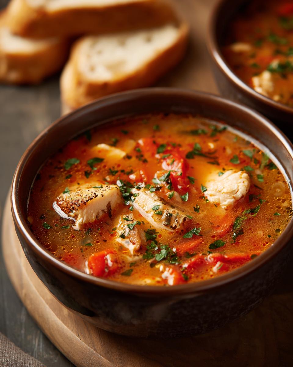 Close-up of Carrabba's Copycat Chicken Soup in bowls, with chicken, vegetables, and bread.