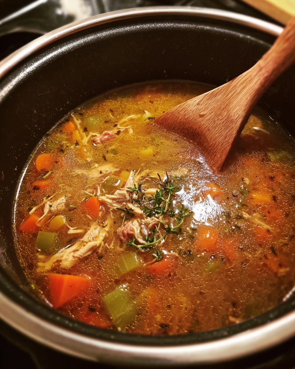Close-up of Carrabba’s Copycat Chicken Soup with chicken, vegetables, and herbs in a pot.