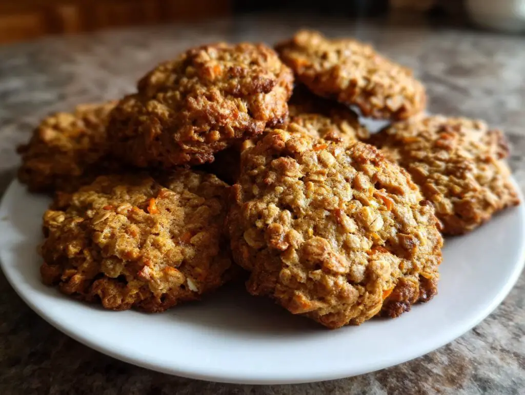 A stack of freshly baked Carrot Cake Oatmeal Cookies on a white plate.
