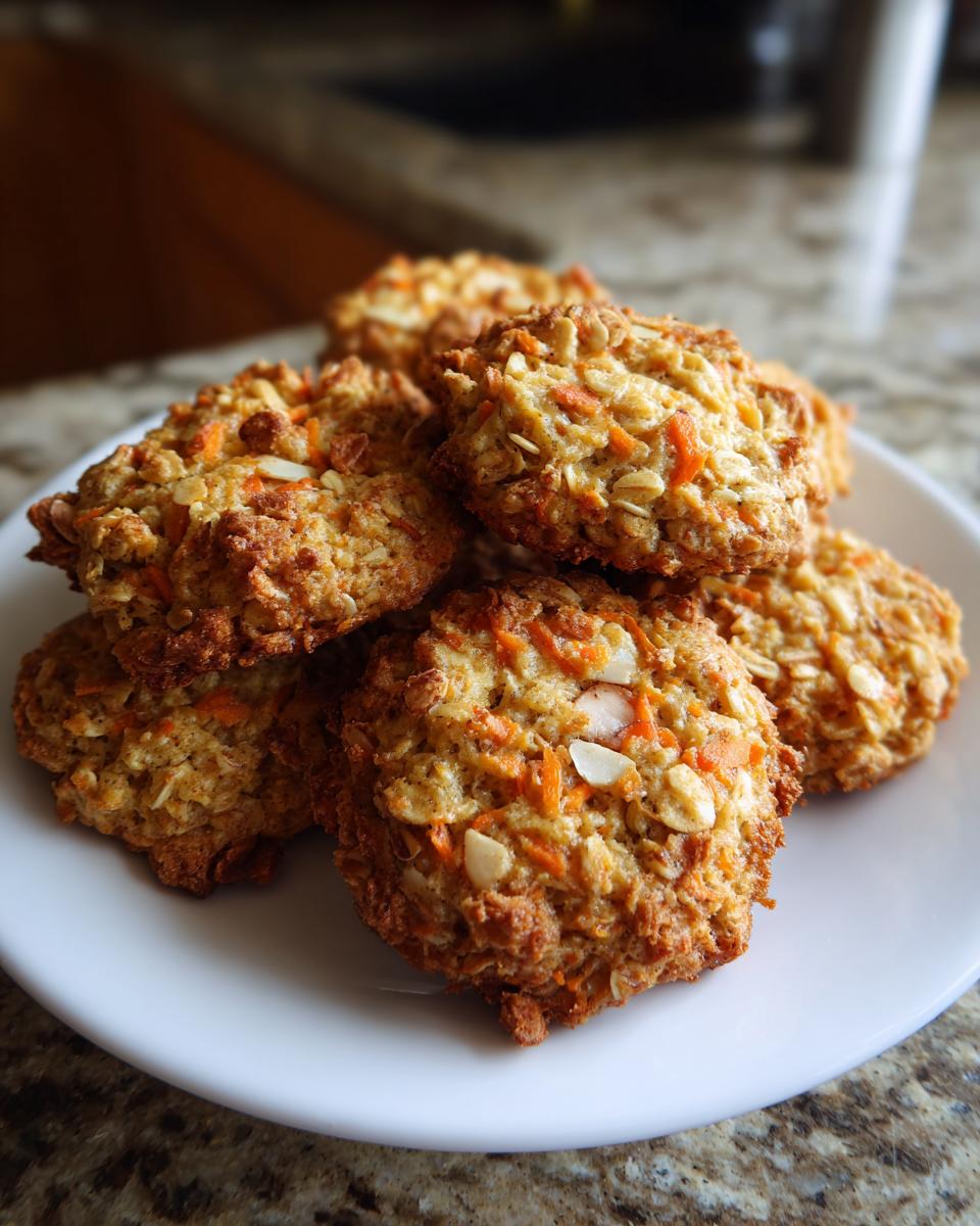 5 Ingredient Carrot Cake Oatmeal Cookies: Easy & Delightful 5 A stack of freshly baked Carrot Cake Oatmeal Cookies on a white plate.