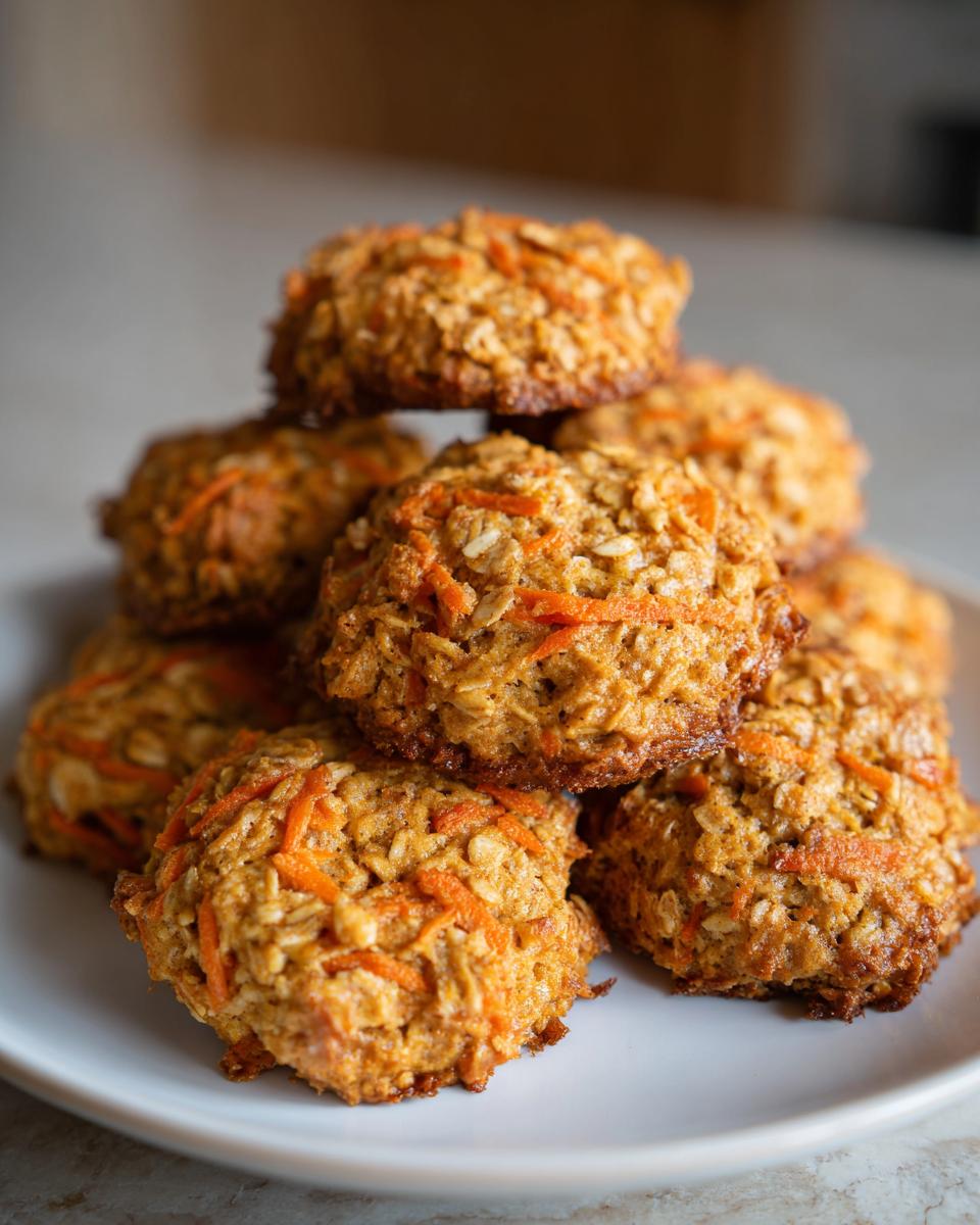 5 Ingredient Carrot Cake Oatmeal Cookies: Easy & Delightful 4 Pile of freshly baked Carrot Cake Oatmeal Cookies on a white plate.