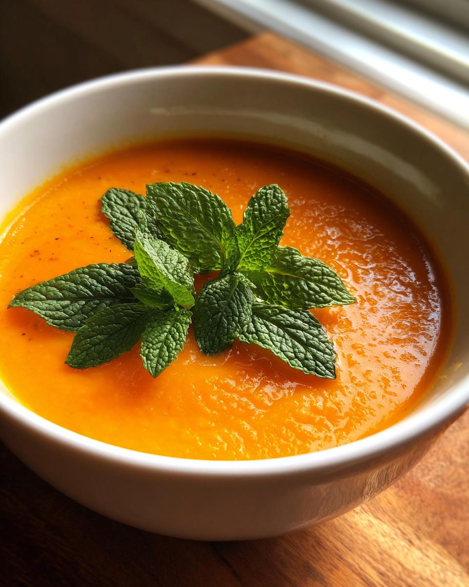 A bowl of vibrant Carrot Ginger Mint Soup garnished with fresh mint leaves.
