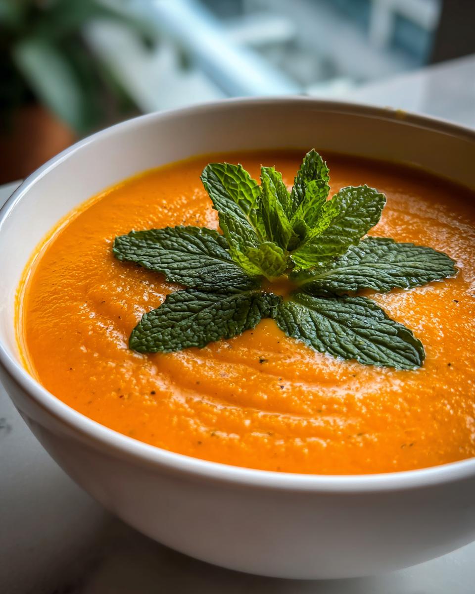 Close-up of a bowl of Carrot Ginger Mint Soup garnished with fresh mint leaves.