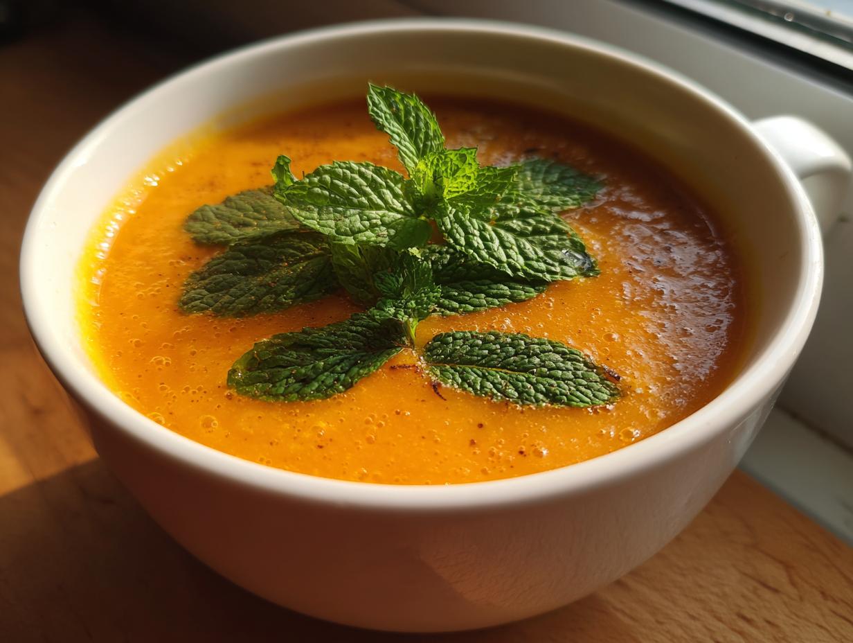Close-up of a bowl of Carrot Ginger Mint Soup garnished with fresh mint leaves.