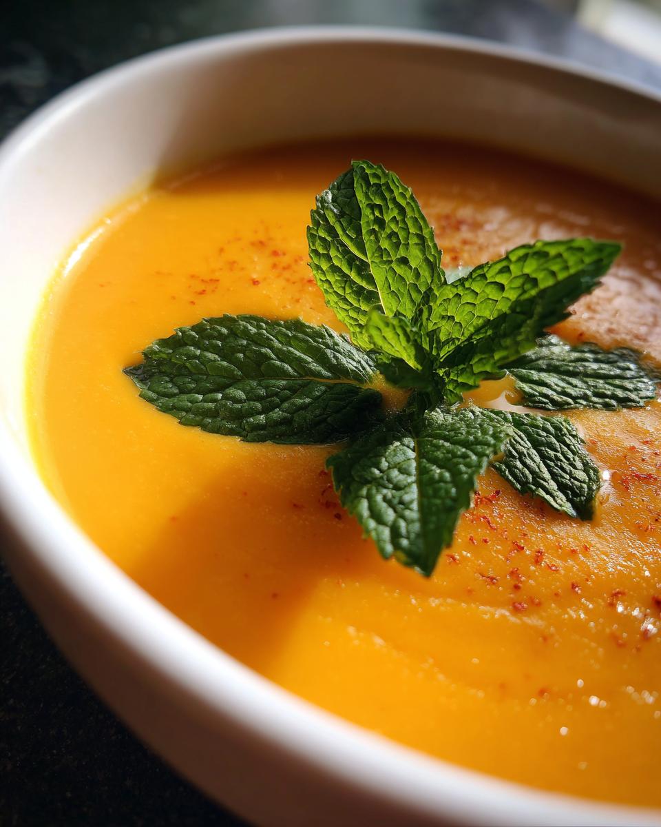 Close-up of a bowl of Carrot Ginger Mint Soup, garnished with fresh mint leaves.