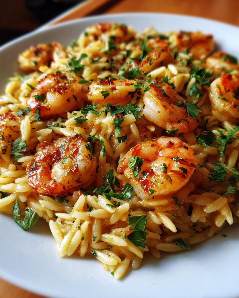 cheesy shrimp orzo skillet close up 1