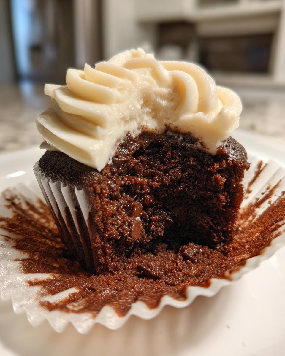 Close-up of a Chocolate Guinness Cupcake with frosting, showing the moist cake texture.