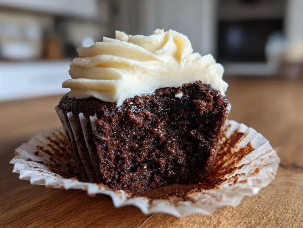Close-up of a Chocolate Guinness Cupcake with a bite taken out, showing the moist cake and frosting.