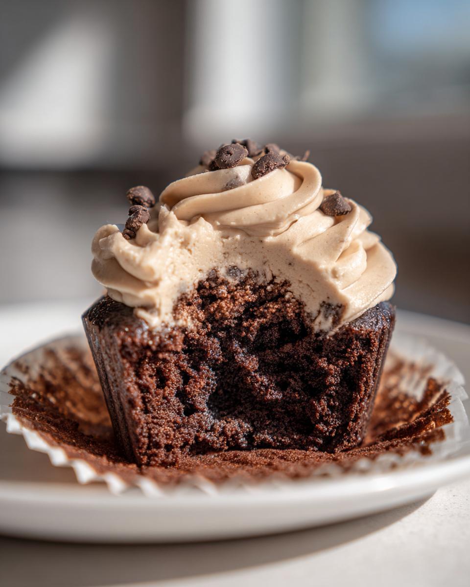Close-up of a Chocolate Guinness Cupcake, showing the moist cake and frosting.