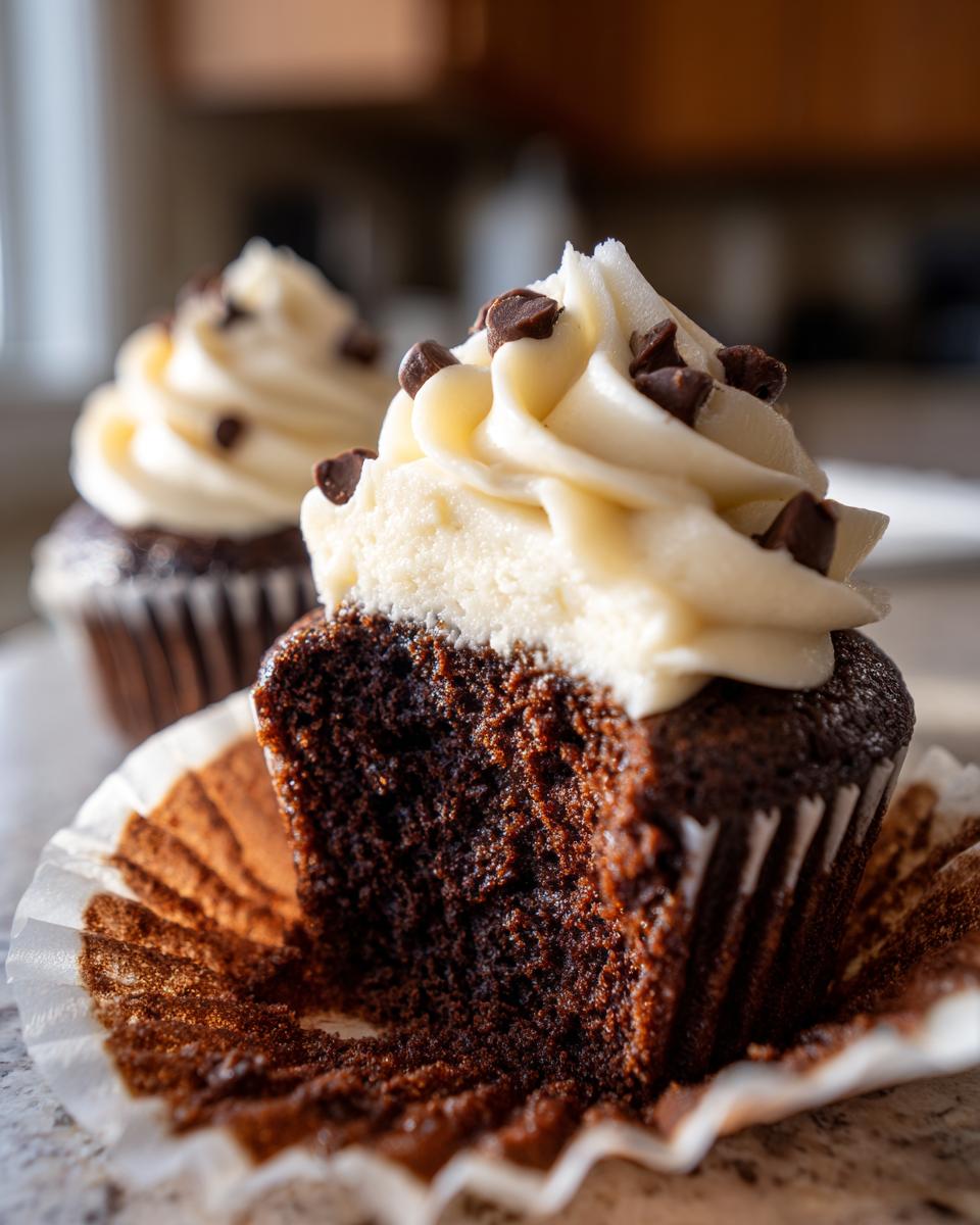 Close-up of a Chocolate Guinness Cupcake with frosting and chocolate chips, showing the texture of the cake.