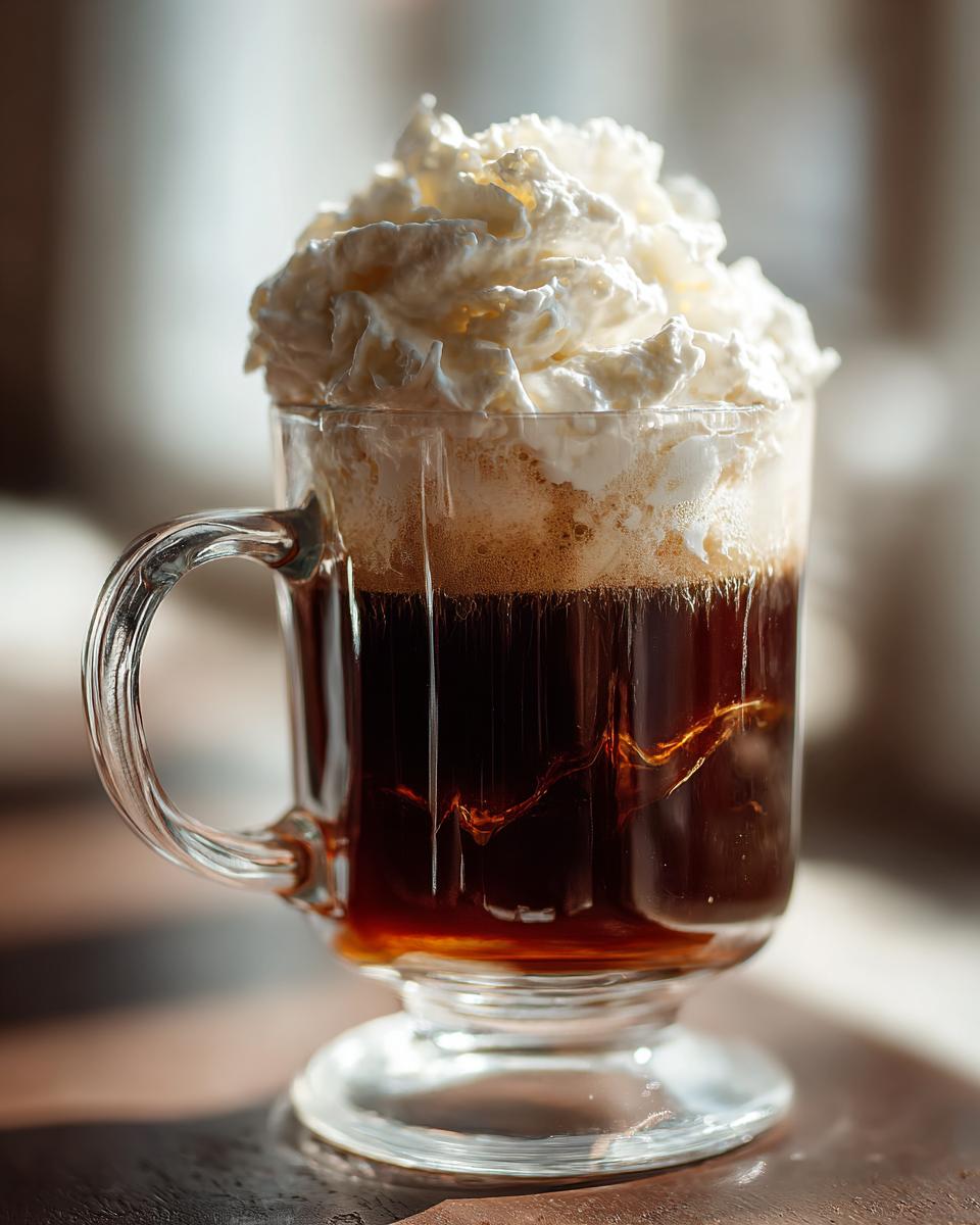 A glass of Classic Irish Coffee with a generous topping of whipped cream.