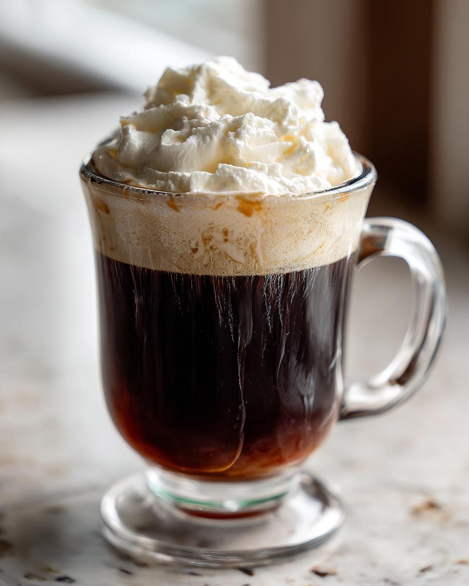 A glass of Classic Irish Coffee with a generous topping of whipped cream.