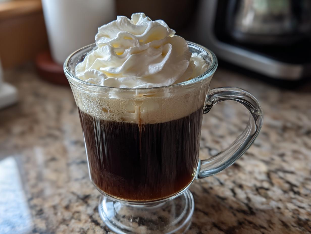 A glass of Classic Irish Coffee with a generous swirl of whipped cream.