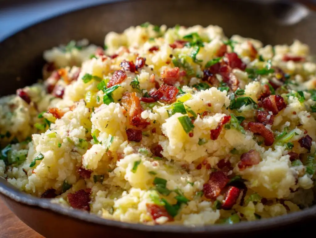 Close-up of a Colcannon Mashed Potato Skillet with bacon and herbs.