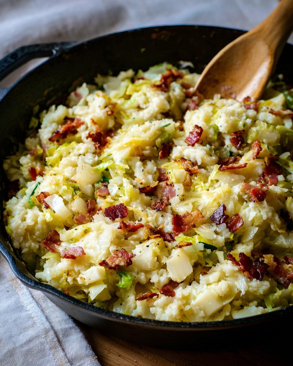 Close-up of a Colcannon Mashed Potato Skillet with cabbage and crispy bacon.