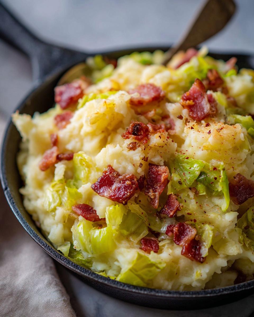 Close-up of a Colcannon Mashed Potato Skillet with cabbage and crispy bacon.
