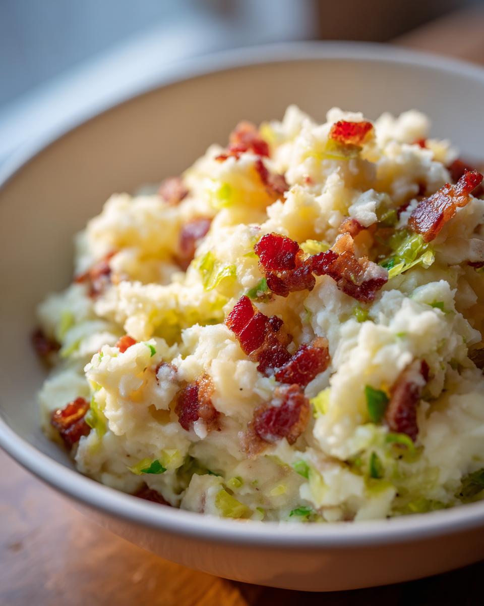 Close-up of a bowl of Colcannon Mashed Potato Skillet with bacon.