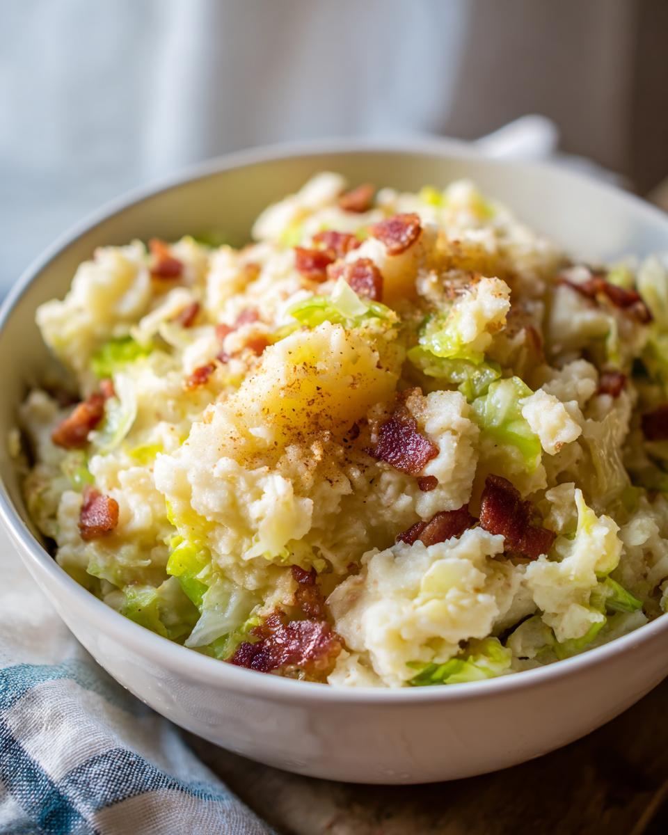 Close-up of a bowl filled with delicious Colcannon Mashed Potato Skillet, topped with bacon.