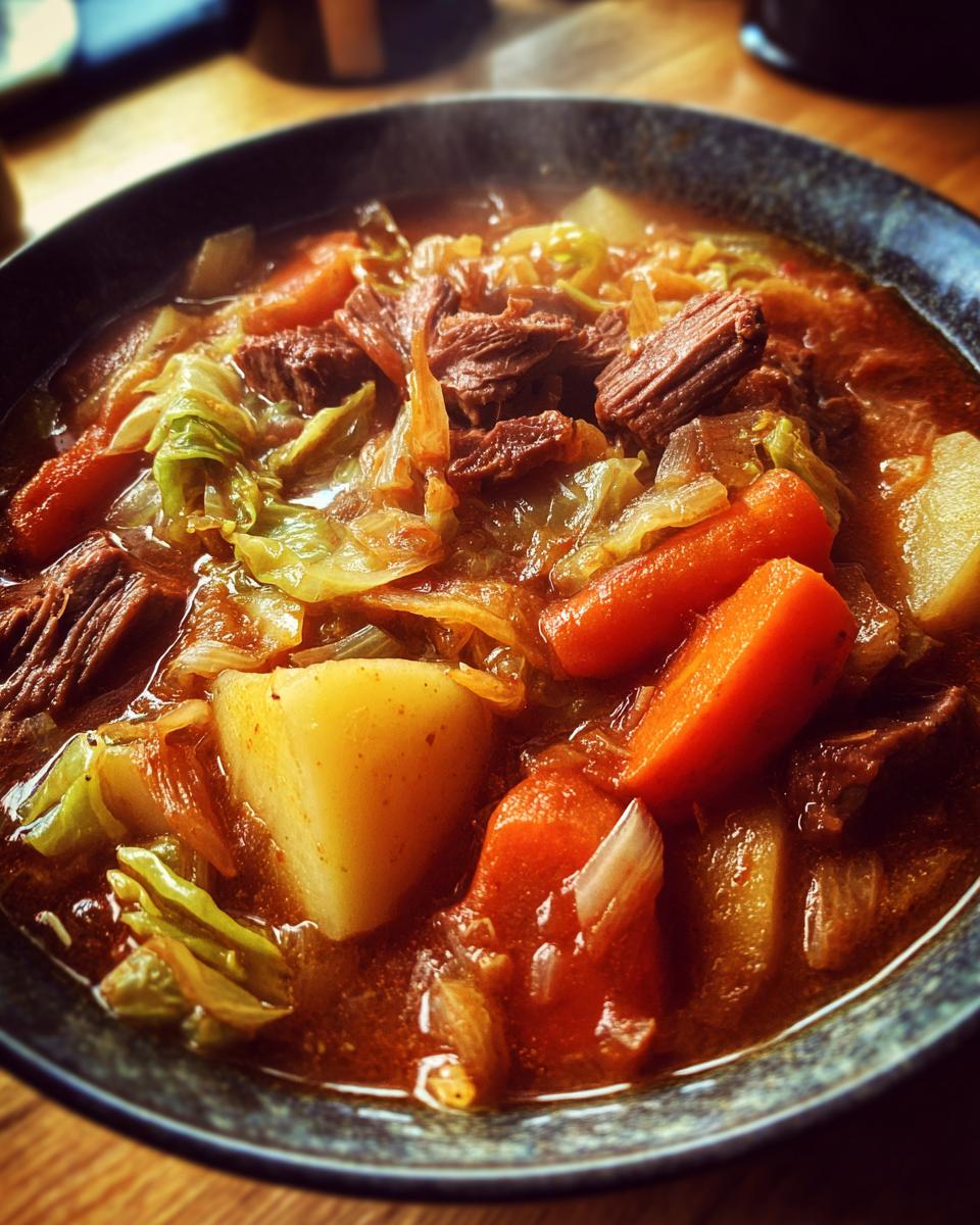 Close-up of a bowl of Corned Beef and Cabbage Stew with beef, cabbage, carrots, and potatoes.