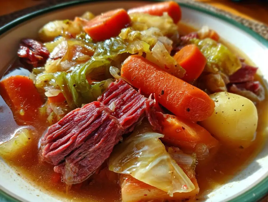 Close-up of a bowl filled with Corned Beef and Cabbage Stew, featuring carrots, cabbage, and potatoes.