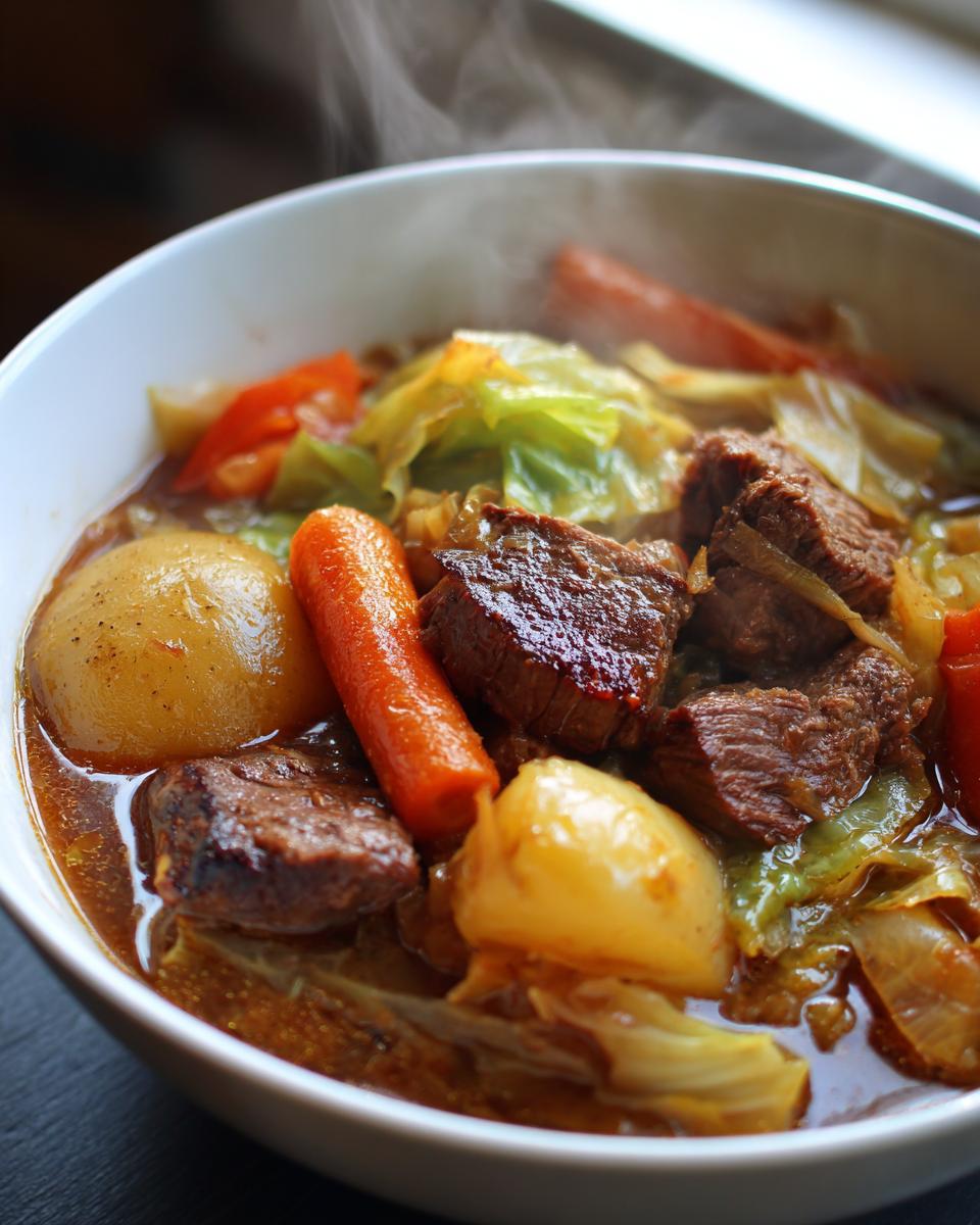 Close-up of a bowl of Corned Beef and Cabbage Stew with beef, cabbage, carrots, and potatoes.