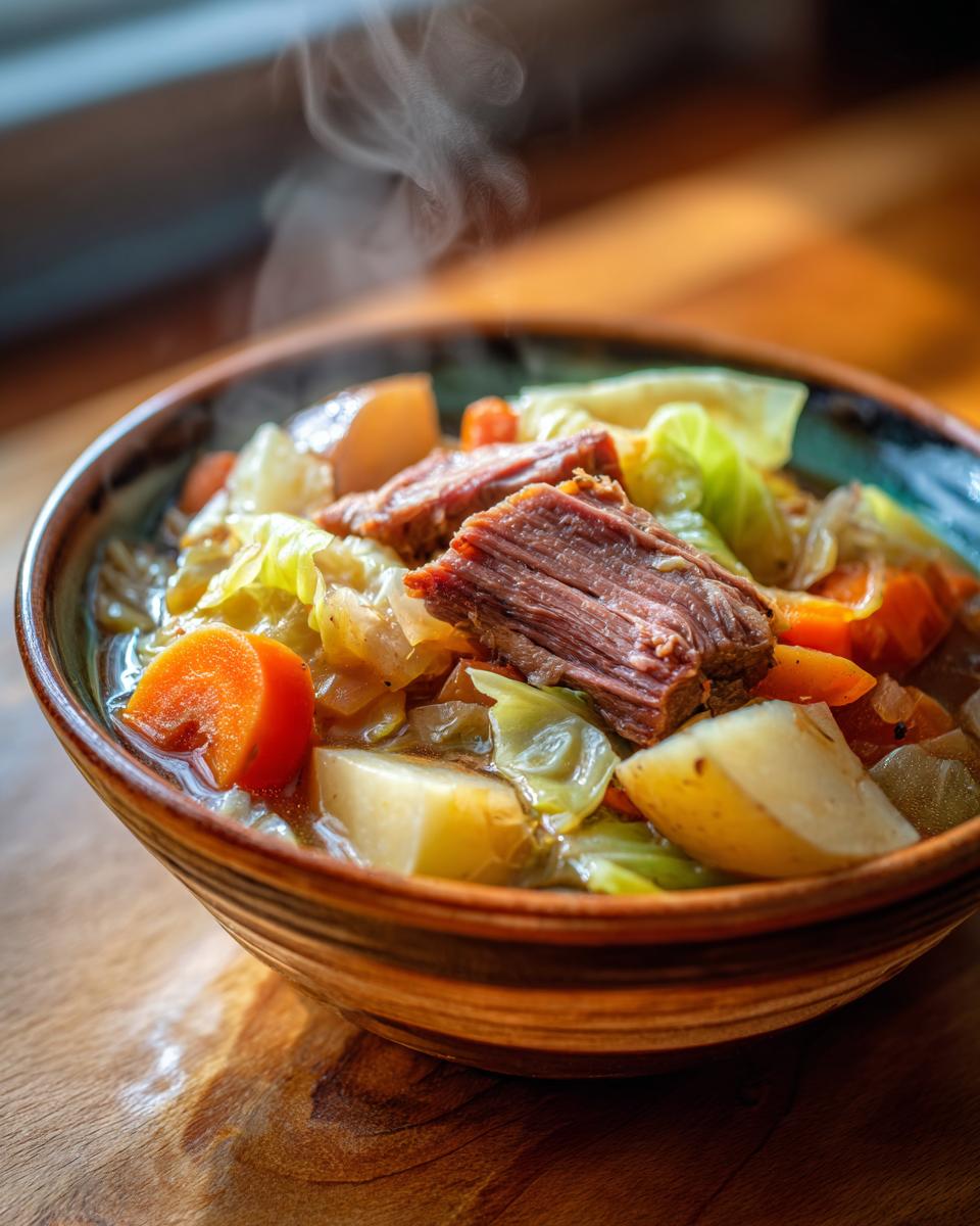 Close-up of a bowl of Corned Beef and Cabbage Stew with visible beef, cabbage, and vegetables.