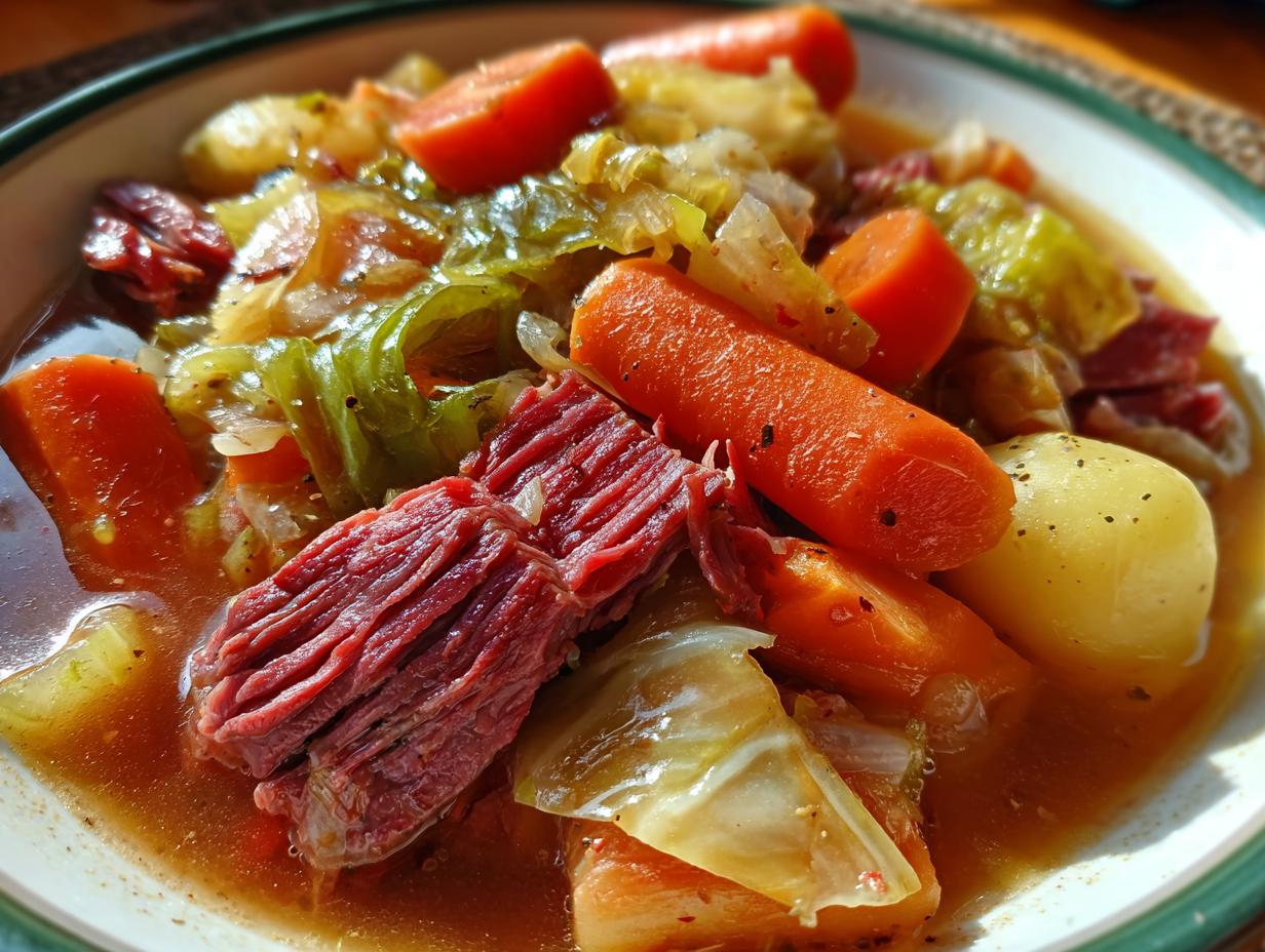 Close-up of a bowl filled with Corned Beef and Cabbage Stew, featuring carrots, cabbage, and potatoes.