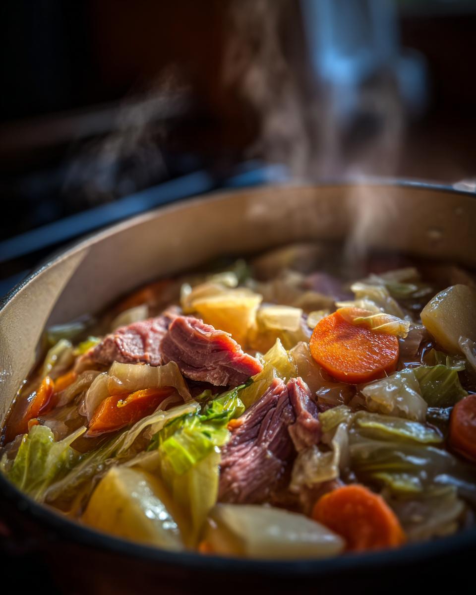 Close-up of a pot of steaming Corned Beef and Cabbage Stew with visible vegetables and meat.