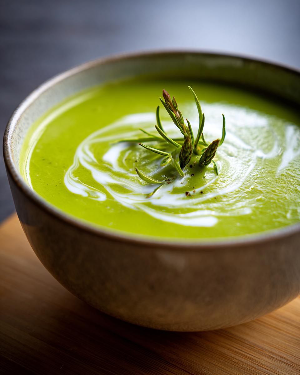 Close-up of a bowl of creamy asparagus soup garnished with fresh asparagus.