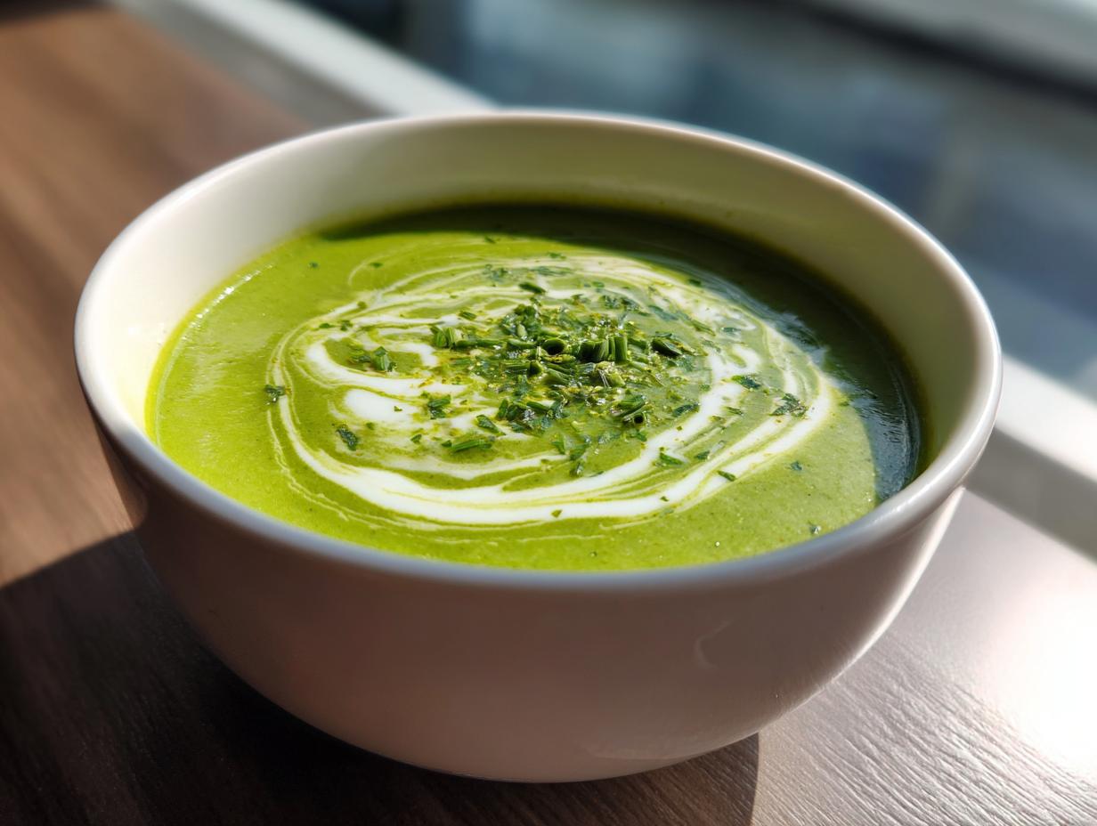 Close-up of a bowl of creamy asparagus soup, garnished with herbs and cream swirl.