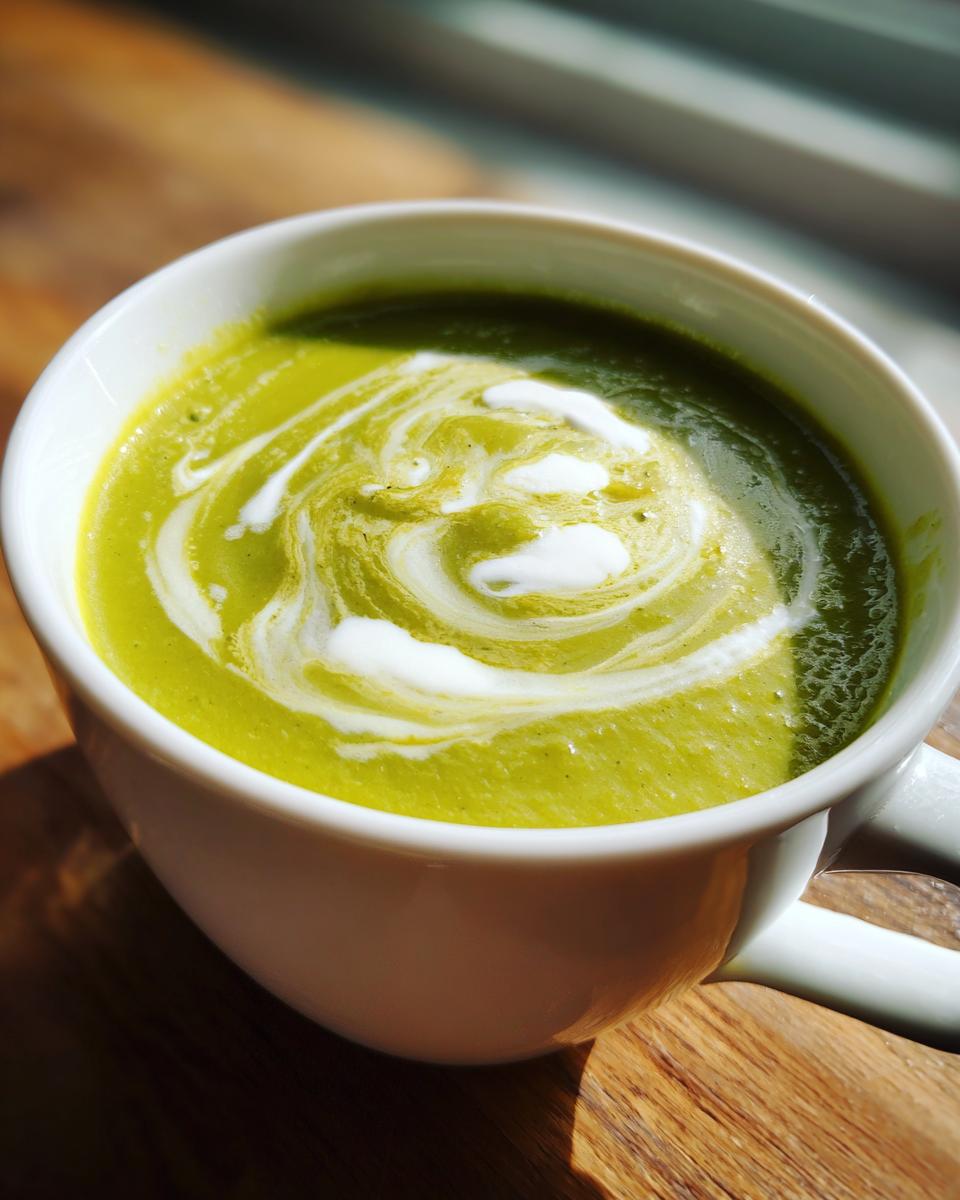 Close-up of creamy asparagus soup in a white mug, swirled with cream.