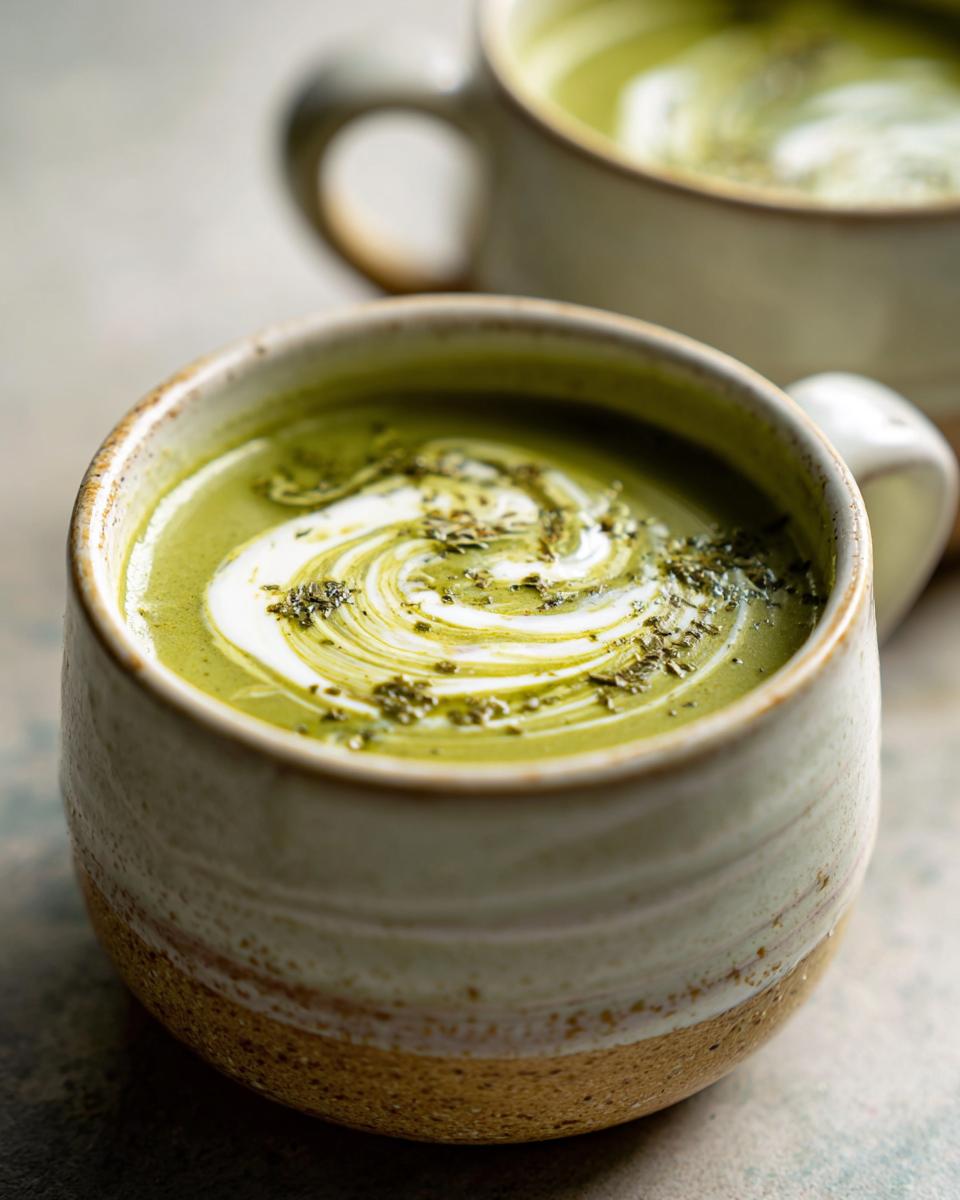 Close-up of a mug filled with creamy asparagus soup, garnished with cream and herbs.