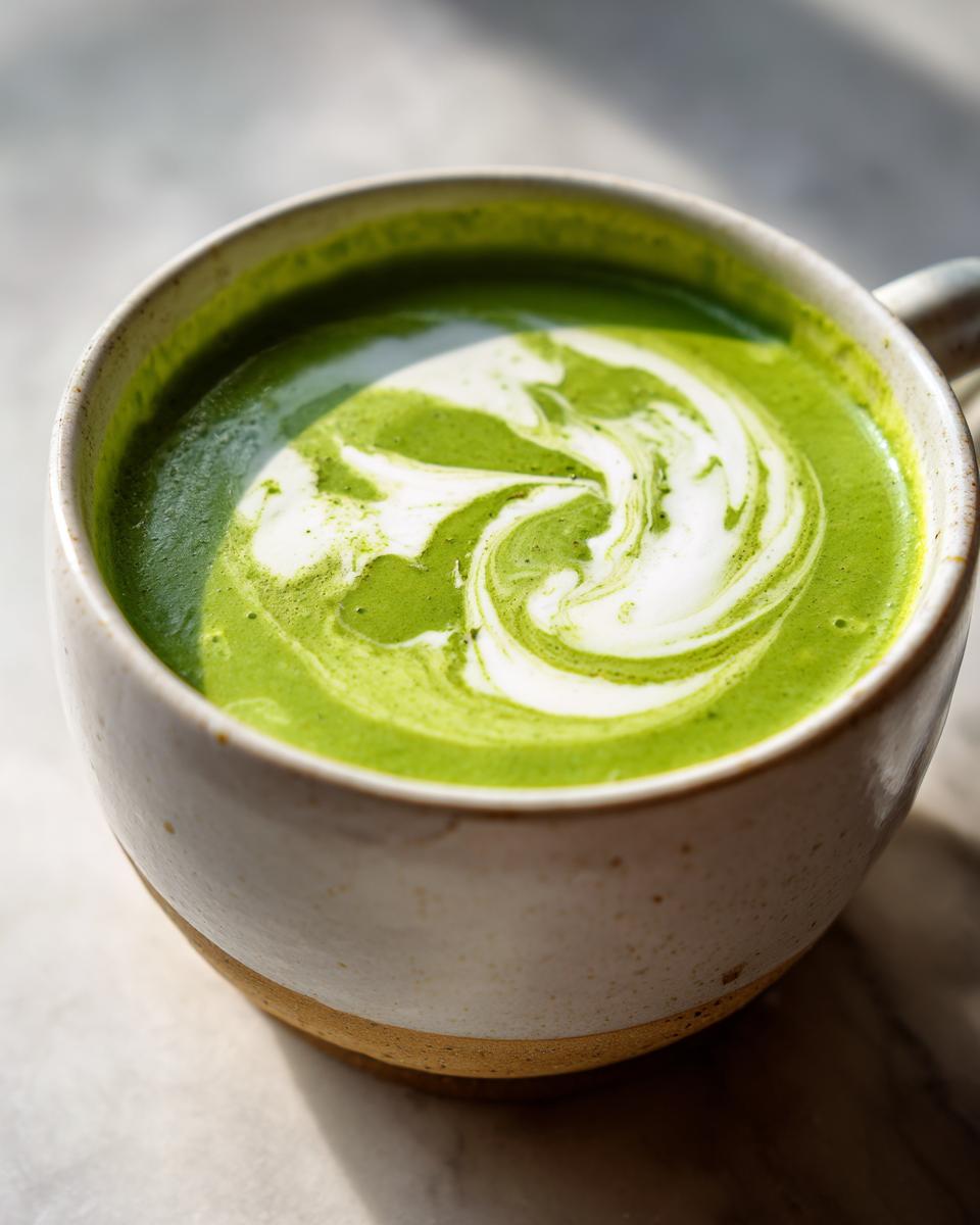 Close-up of a mug filled with creamy asparagus soup, swirled with cream.