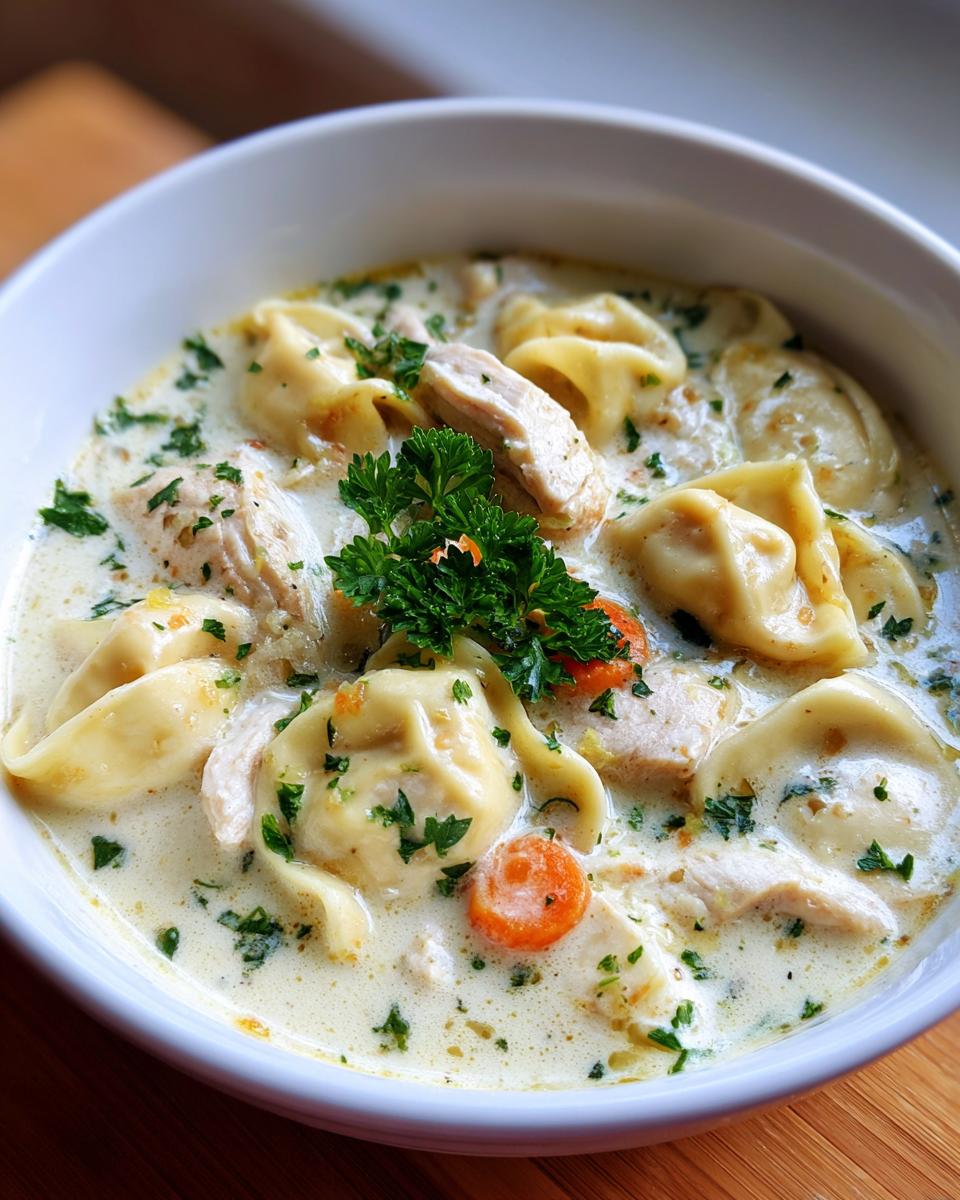 Creamy Chicken Tortellini Soup: 3 Steps to Comfort 10 Close-up of a bowl of Creamy Chicken Tortellini Soup with chicken, tortellini, and herbs.