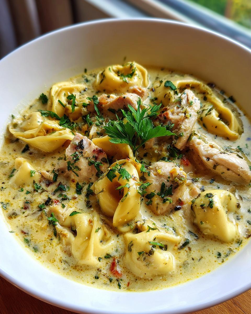 Creamy Chicken Tortellini Soup: 3 Steps to Comfort 7 Close-up of a bowl of creamy chicken tortellini soup with chicken, tortellini, and herbs.
