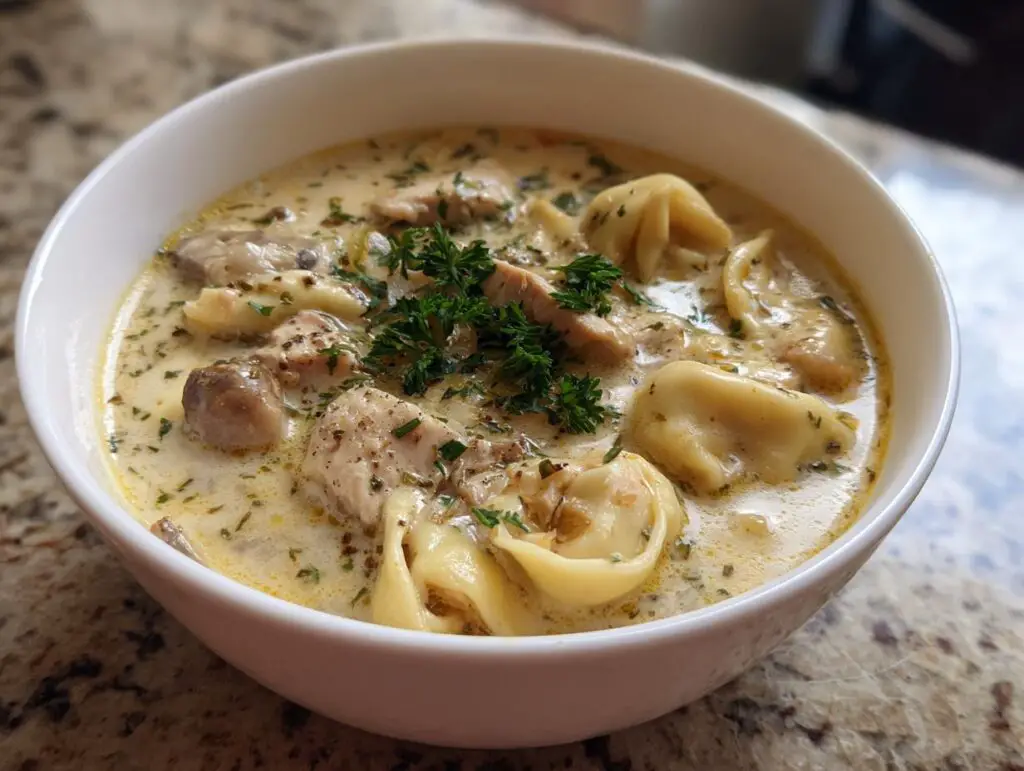 A bowl of creamy chicken tortellini soup with chicken, tortellini, and herbs.