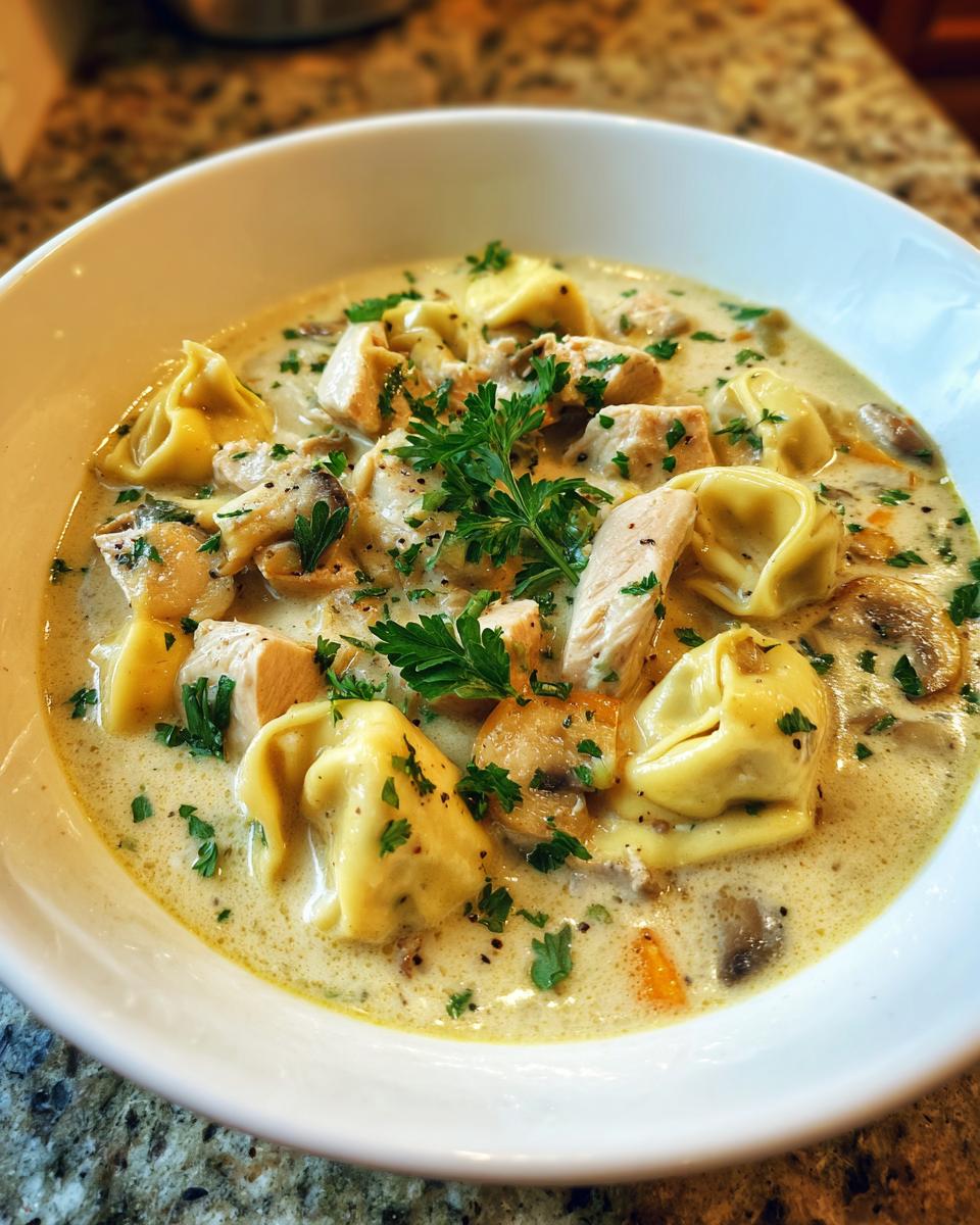 Creamy Chicken Tortellini Soup: 3 Steps to Comfort 9 Close-up of a bowl of Creamy Chicken Tortellini Soup, garnished with parsley.