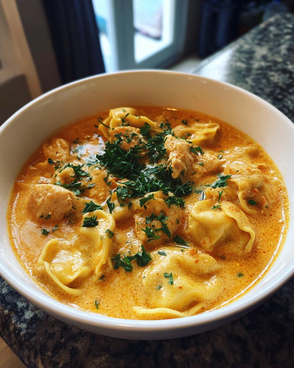 Creamy Chicken Tortellini Soup: 3 Steps to Comfort 8 Close-up of a bowl of Creamy Chicken Tortellini Soup, garnished with fresh parsley.