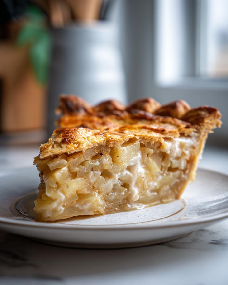Close-up of a slice of Creamy Leek and Potato Pie on a white plate, showing the creamy filling and golden crust.